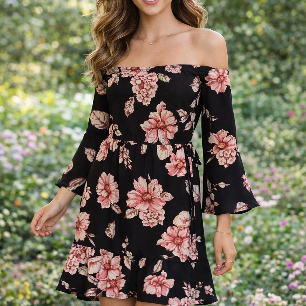 Xhilaration Black Off-Shoulder Floral Dress with Pink Blooms
